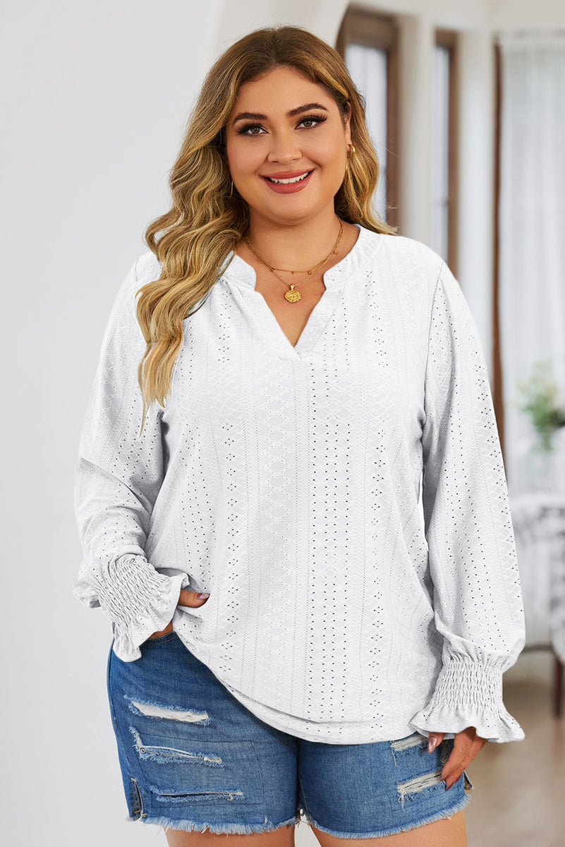 Plus Size Eyelet Notched Flounce Sleeve Blouse White