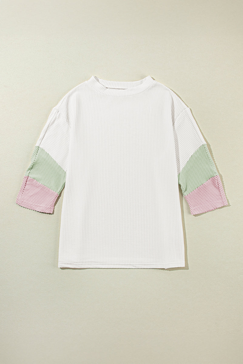Color Block Ribbed Knit Three-Quarter Sleeve Top
