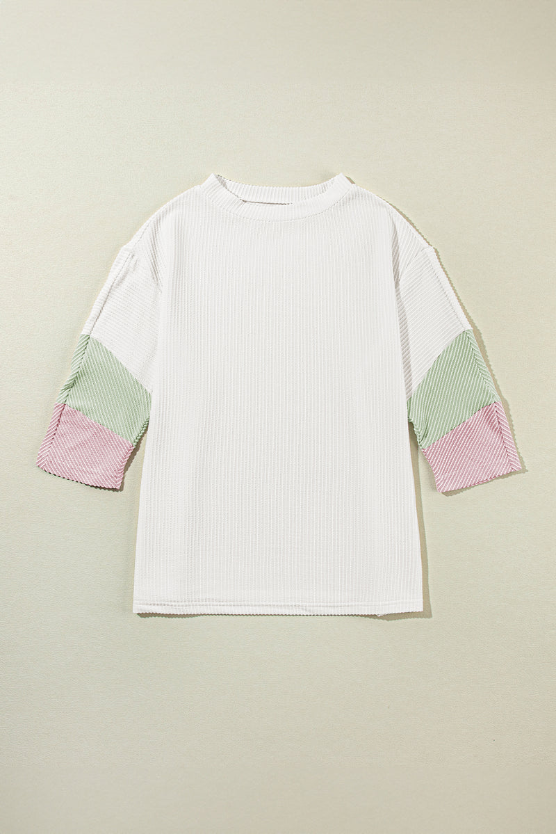 Color Block Ribbed Knit Three-Quarter Sleeve Top