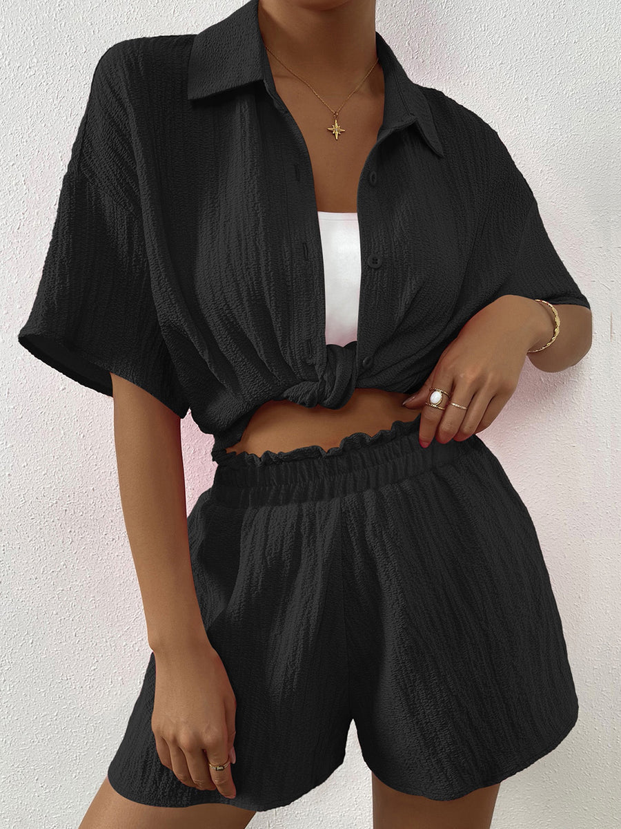 Button Up Half Sleeve Top and Shorts Set Black