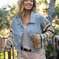 Distressed Striped Long Sleeve Denim Jacket