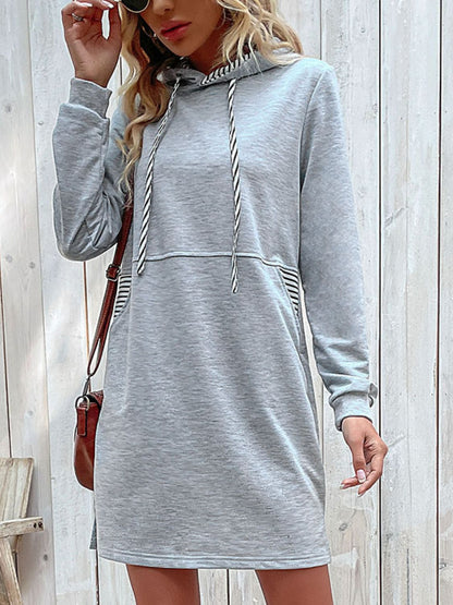 Perfee Striped Drawstring Long Sleeve Hoodie Light Gray