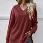 V-Neck Slit Long Sleeve Sweatshirt