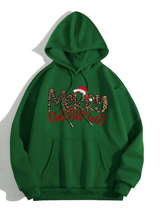 MERRY CHRISTMAS Graphic Drawstring Hoodie Green