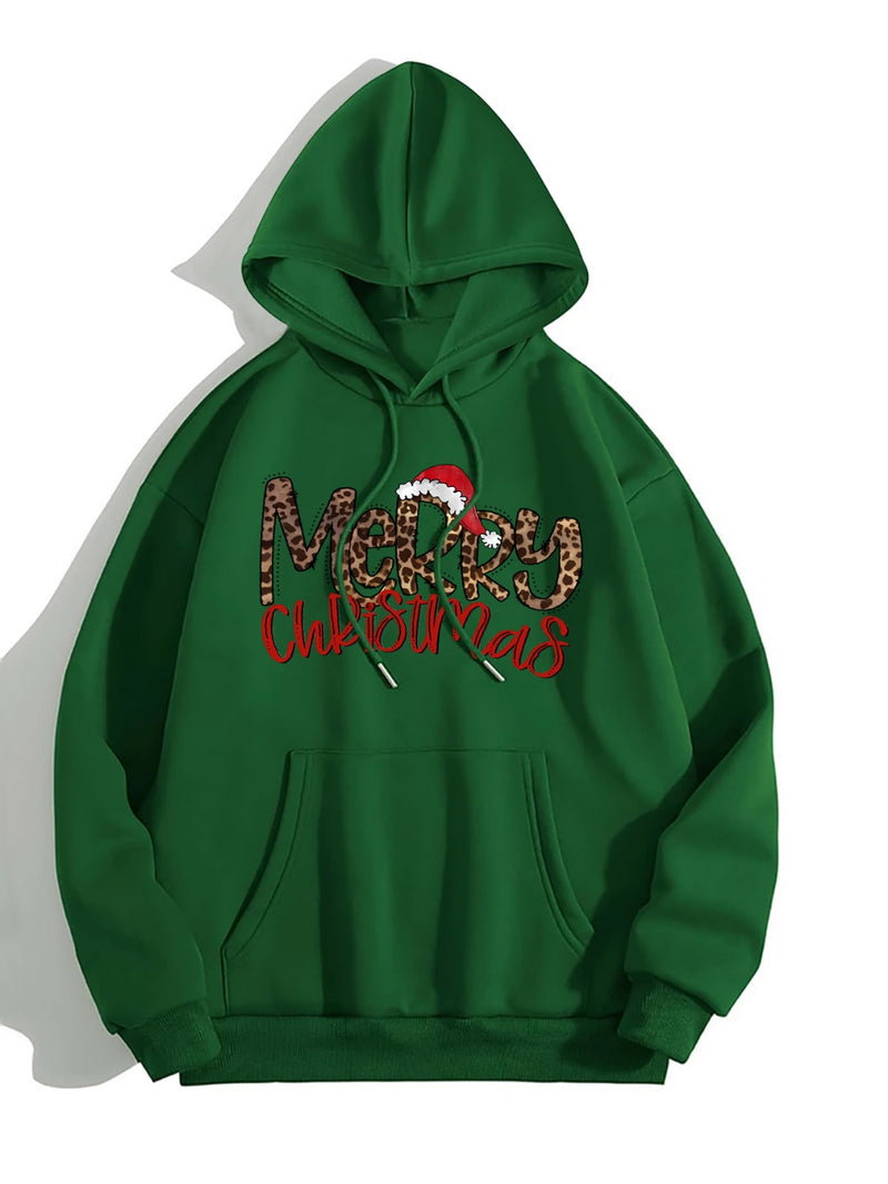 MERRY CHRISTMAS Graphic Drawstring Hoodie Green