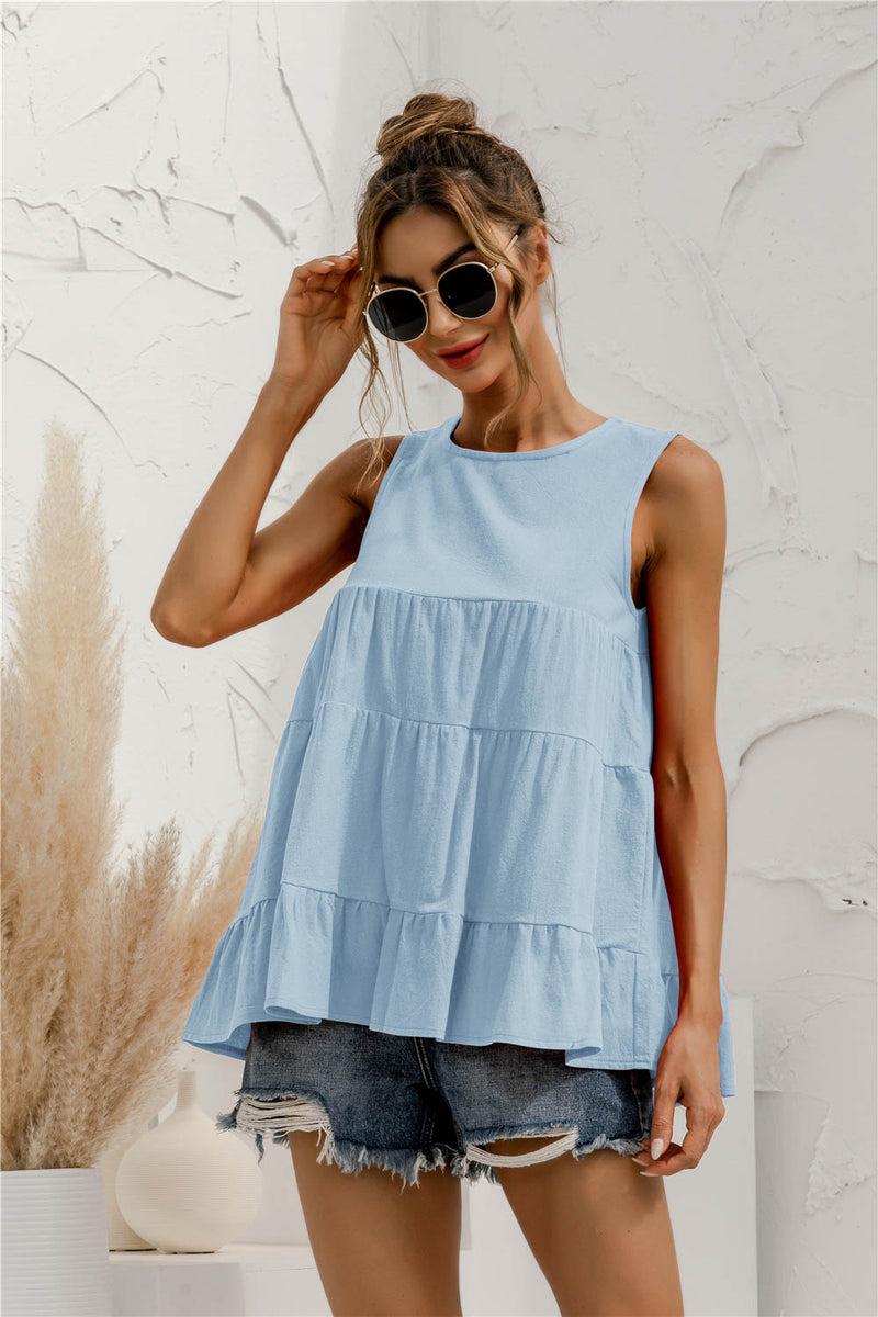 Round Neck Tiered Tank Pastel Blue