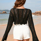 Drawstring Openwork Long Sleeve Cover-Up