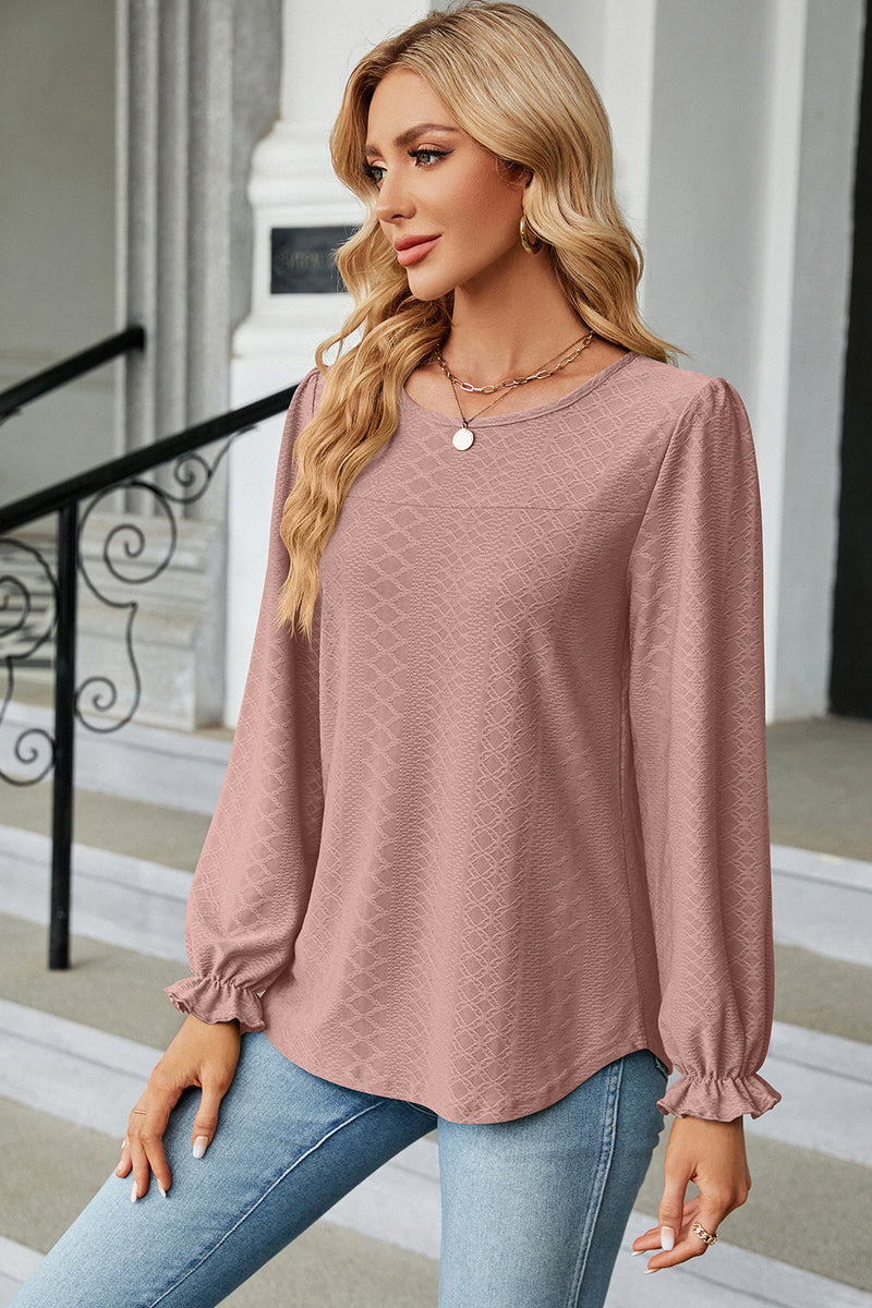 Round Neck Flounce Sleeve T-Shirt Dusty Pink