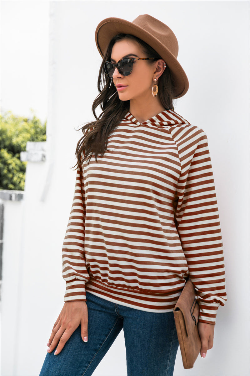 Horizontal Stripe Raglan Sleeve Hoodie Brown