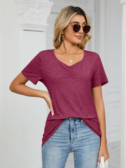 Ruched V-Neck Short Sleeve T-Shirt Deep Purple
