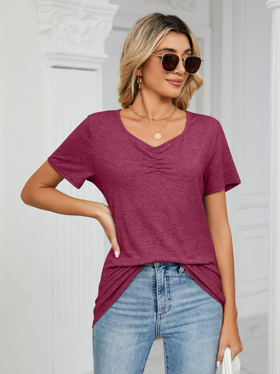 Ruched V-Neck Short Sleeve T-Shirt Deep Purple