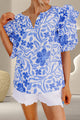 Printed Notched Half Sleeve Blouse Blue