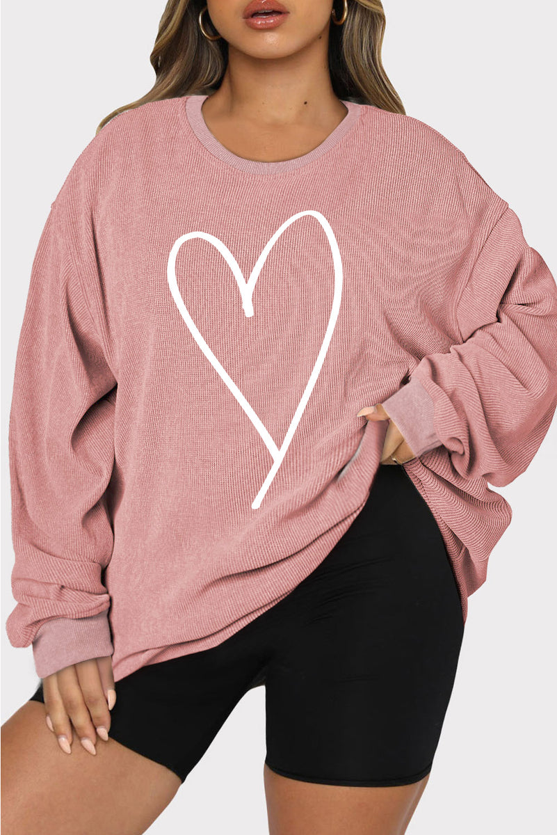 Plus Size Heart Ribbed Round Neck Sweatshirt Dusty Pink
