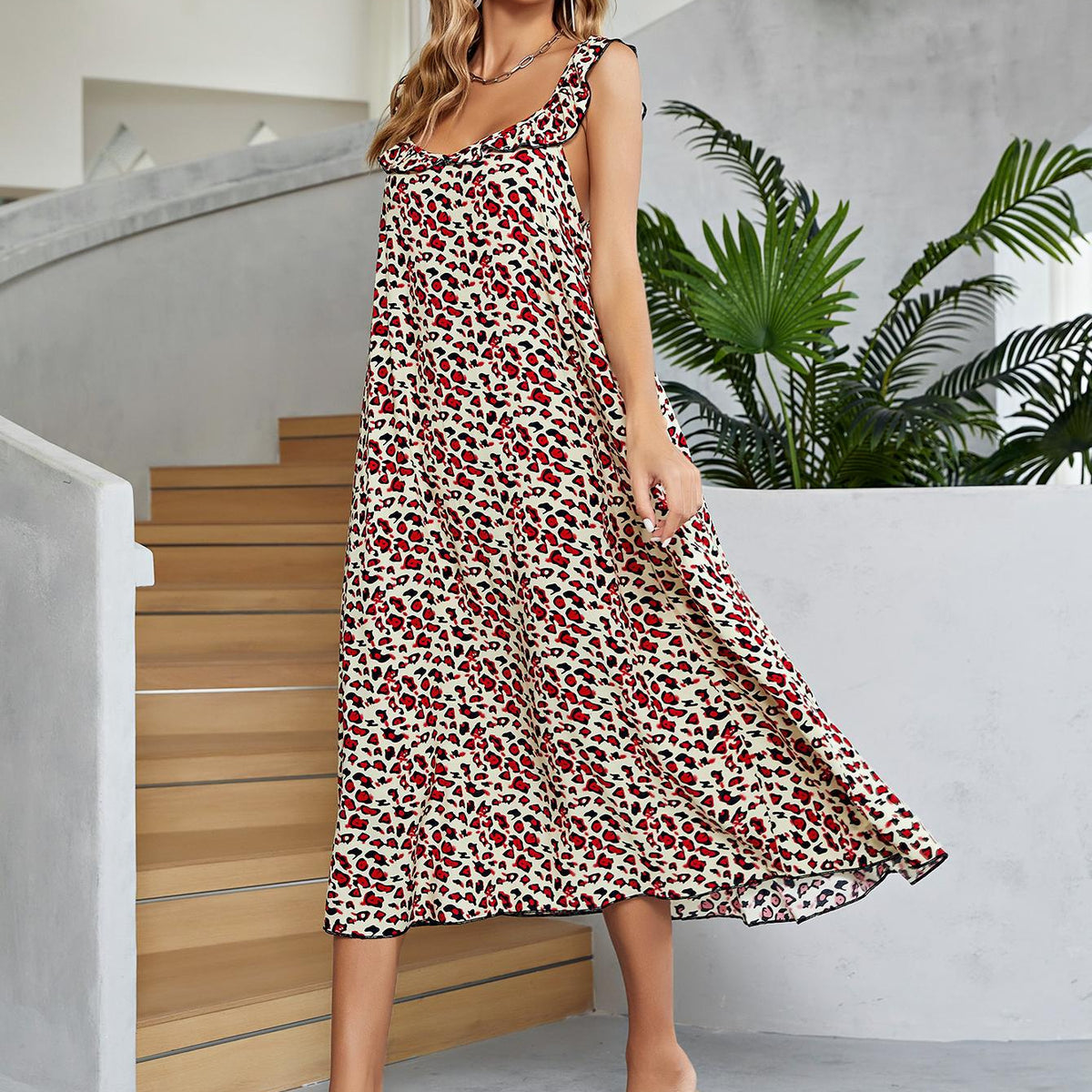 Printed Ruffled Sleeveless Midi Dress