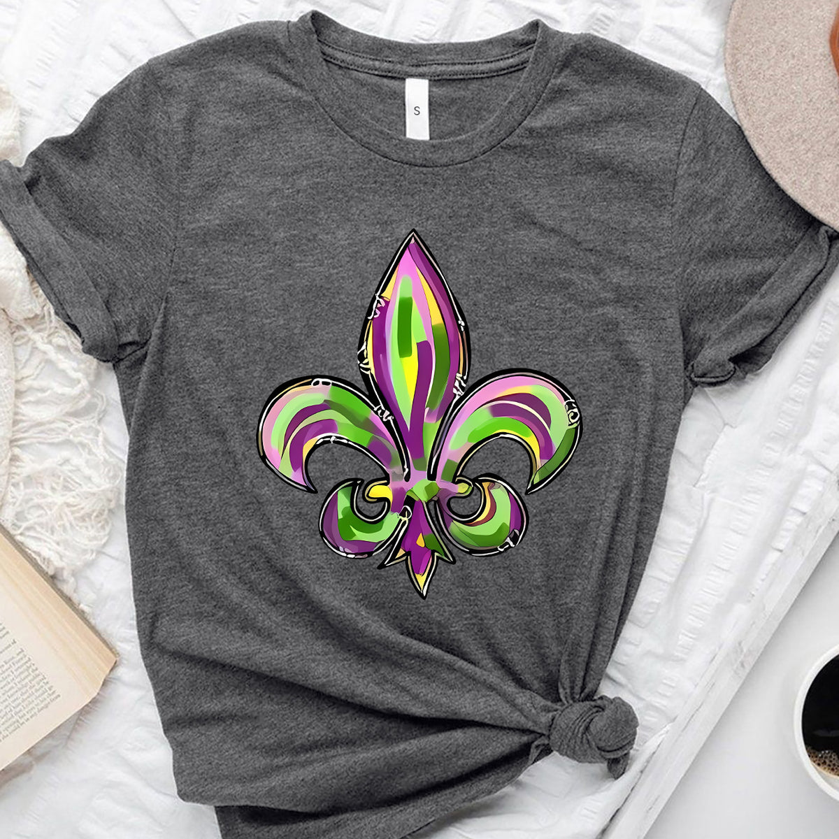 Mardi Gras Graphic Round Neck Short Sleeve T-Shirt Dark Gray