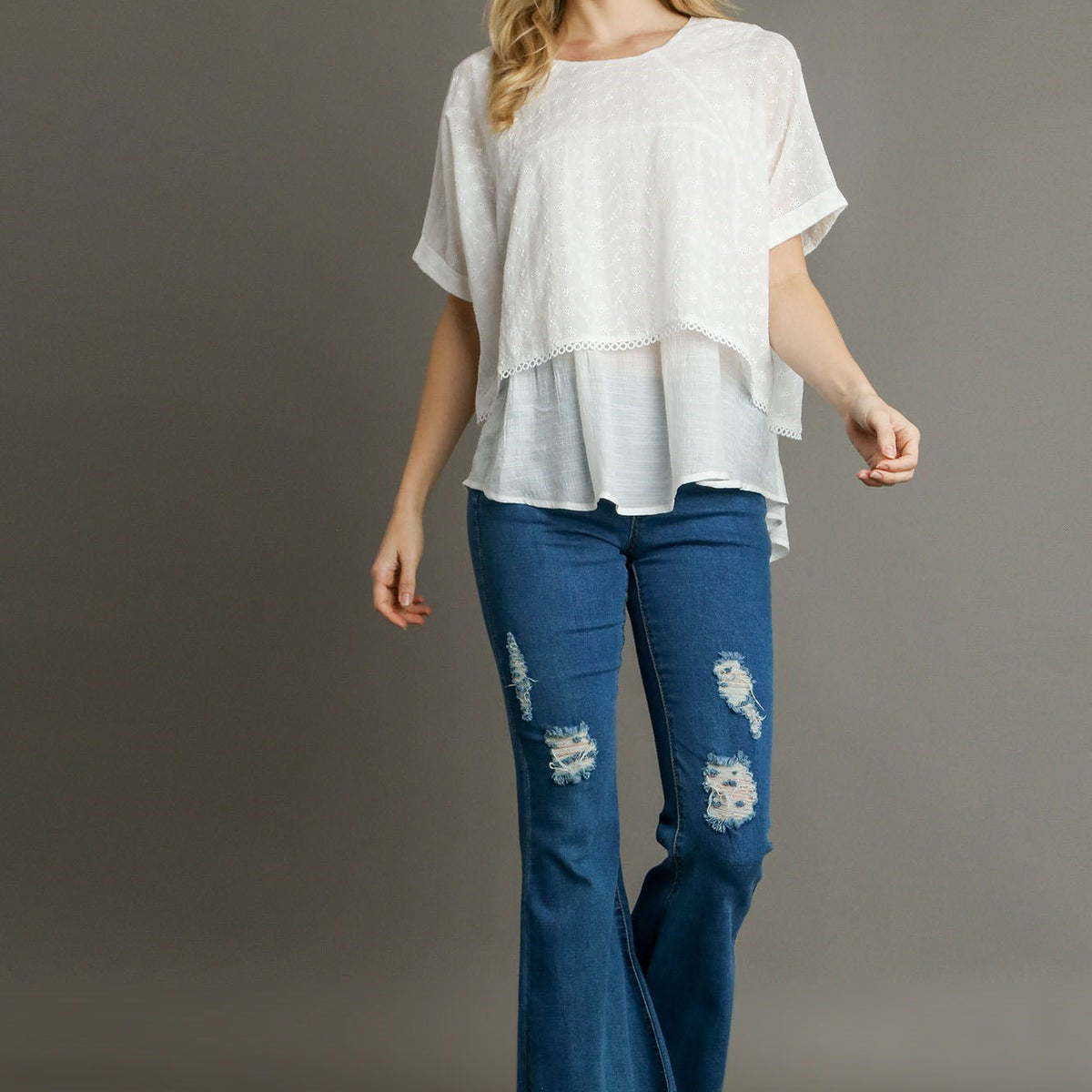 Umgee Full Size Eyelet Layered Short Sleeve Blouse Plus Size
