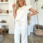 Double Take Full Size Texture Ruffle Short Sleeve Top and Wide Leg Pants Set