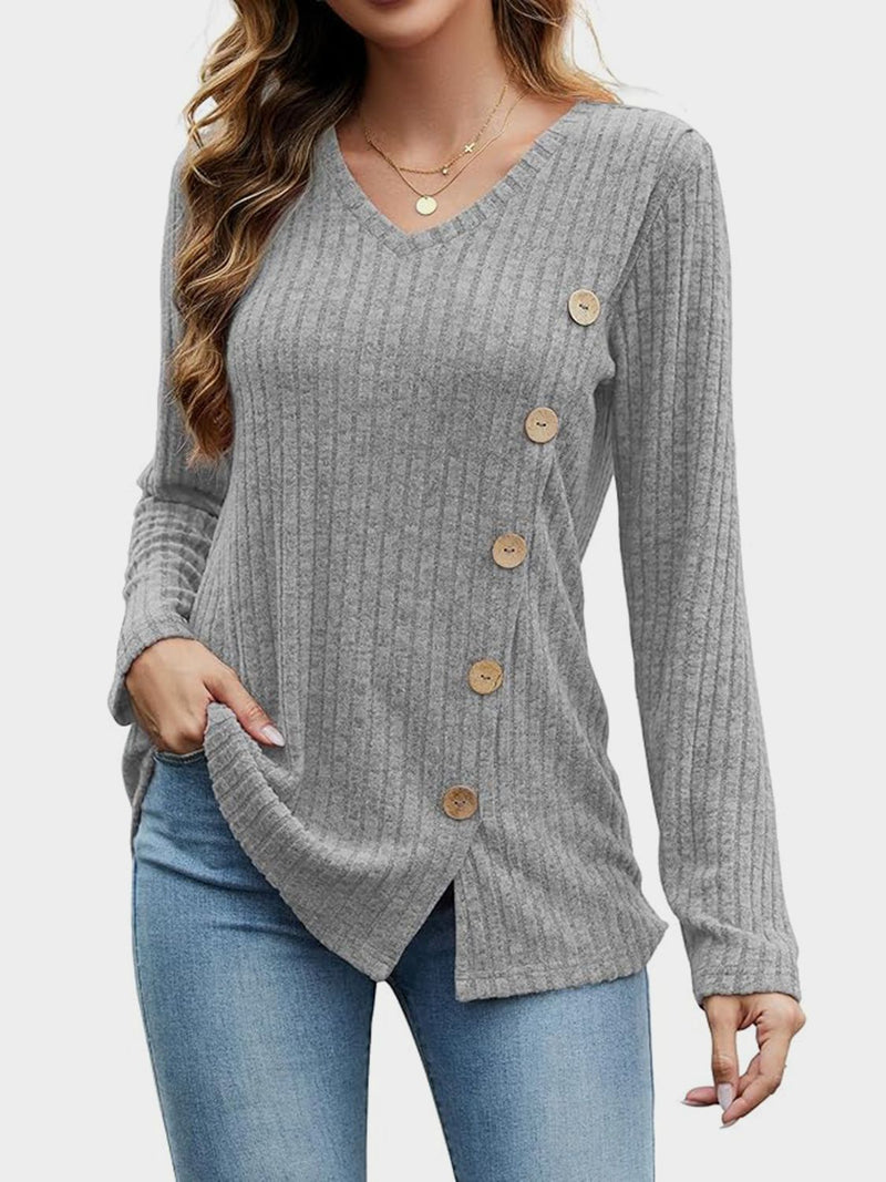 V-Neck Long Sleeve T-Shirt Gray