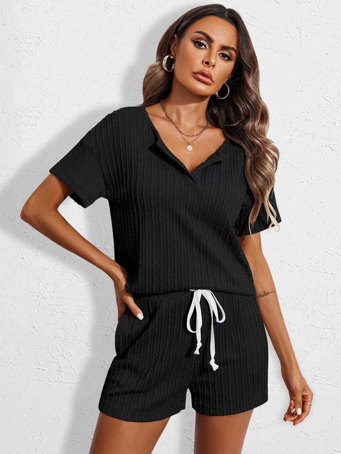 Notched Short Sleeve Top and Shorts Set