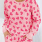 Heart Print Round Neck Top and Shorts Lounge Set