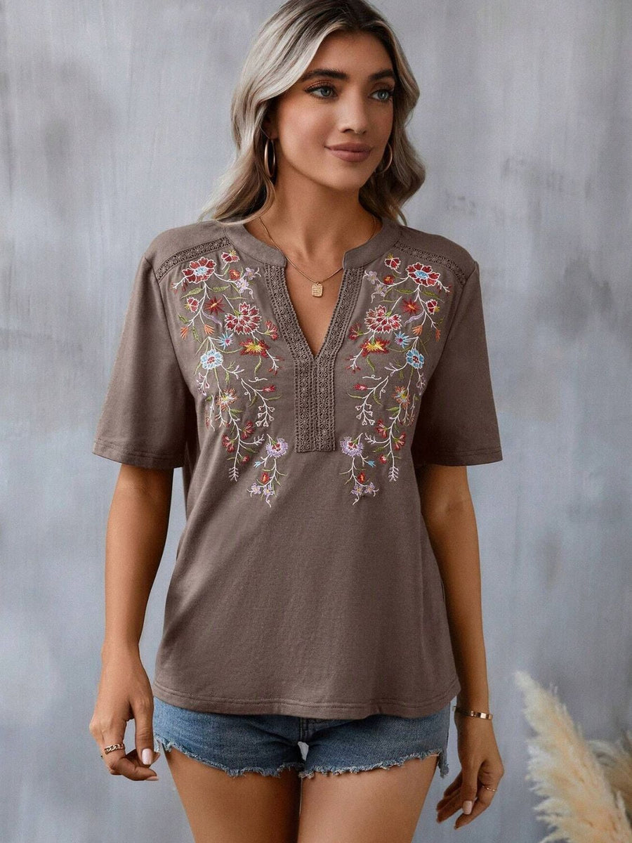 Embroidered Notched Short Sleeve T-Shirt Taupe