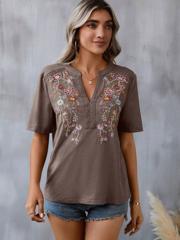 Embroidered Notched Short Sleeve T-Shirt Taupe