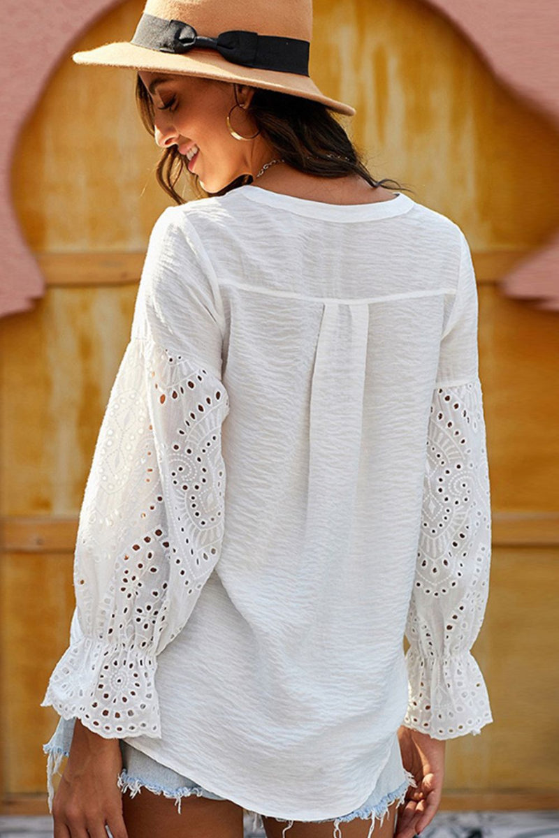 Shiny Crochet Flounce Sleeve Button Up Blouse