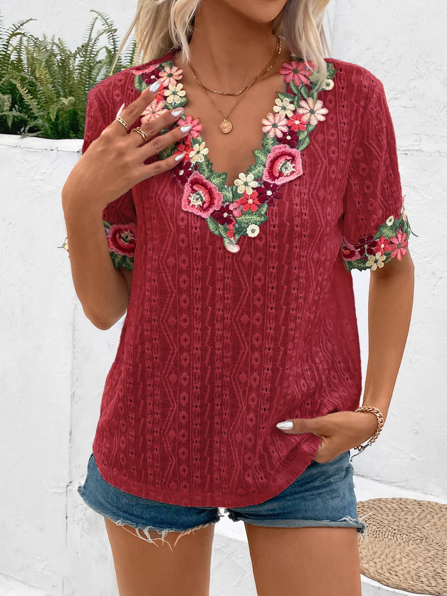Ivy Lane Eyelet Embroidered V-Neck Short Sleeve Blouse Burgundy