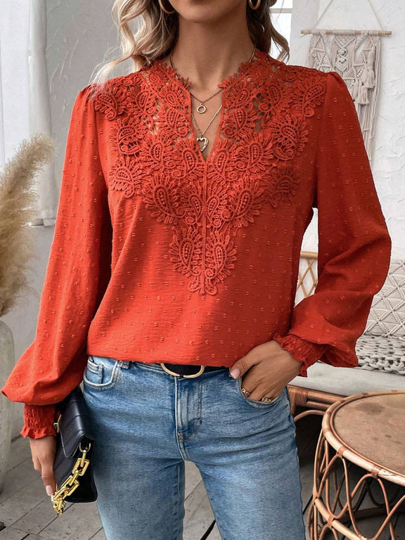 Swiss Dot Lace Detail Notched Long Sleeve Blouse Orange-Red