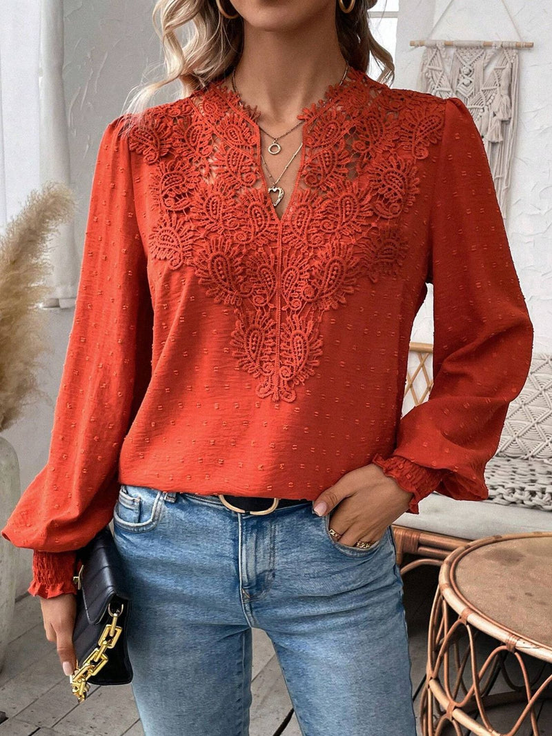 Swiss Dot Lace Detail Notched Long Sleeve Blouse Orange-Red