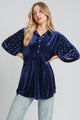 Umgee Pearl Detail Collared Neck Velvet Babydoll Blouse Navy