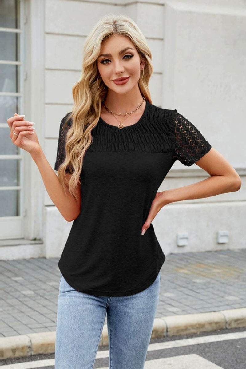 Smocked Round Neck Short Sleeve T-Shirt Black