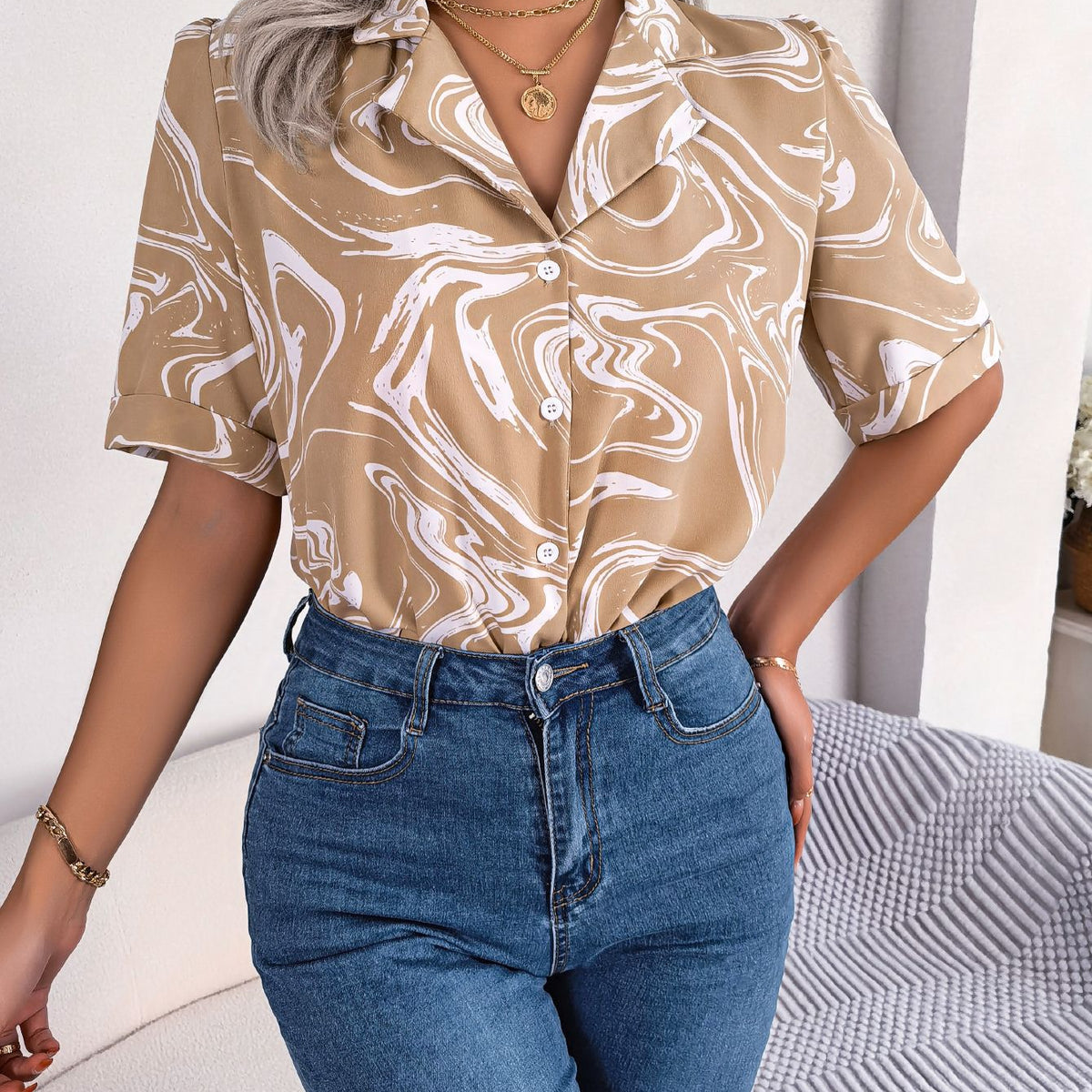 Printed Lapel Collar Shirt Khaki