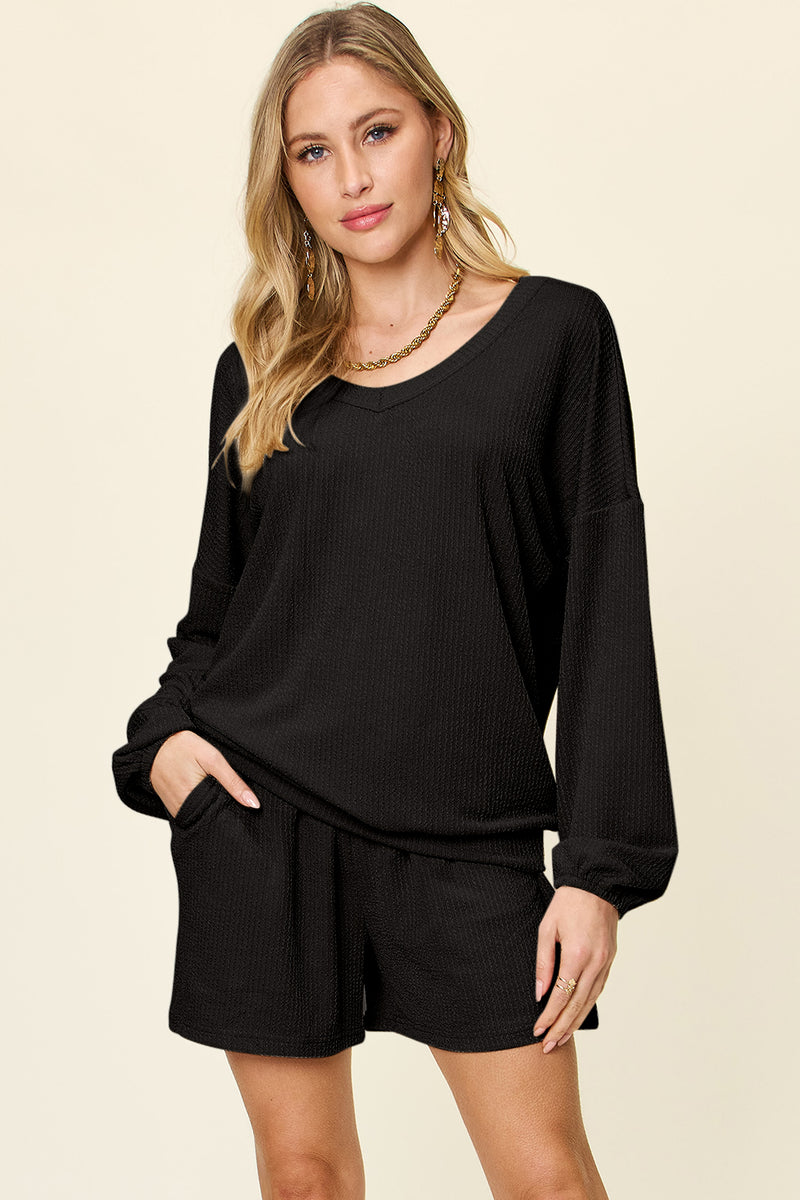 Double Take Full Size Texture V-Neck Long Sleeve T-Shirt and Shorts Set Black