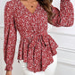 Printed V-Neck Tie Front Flounce Sleeve Blouse