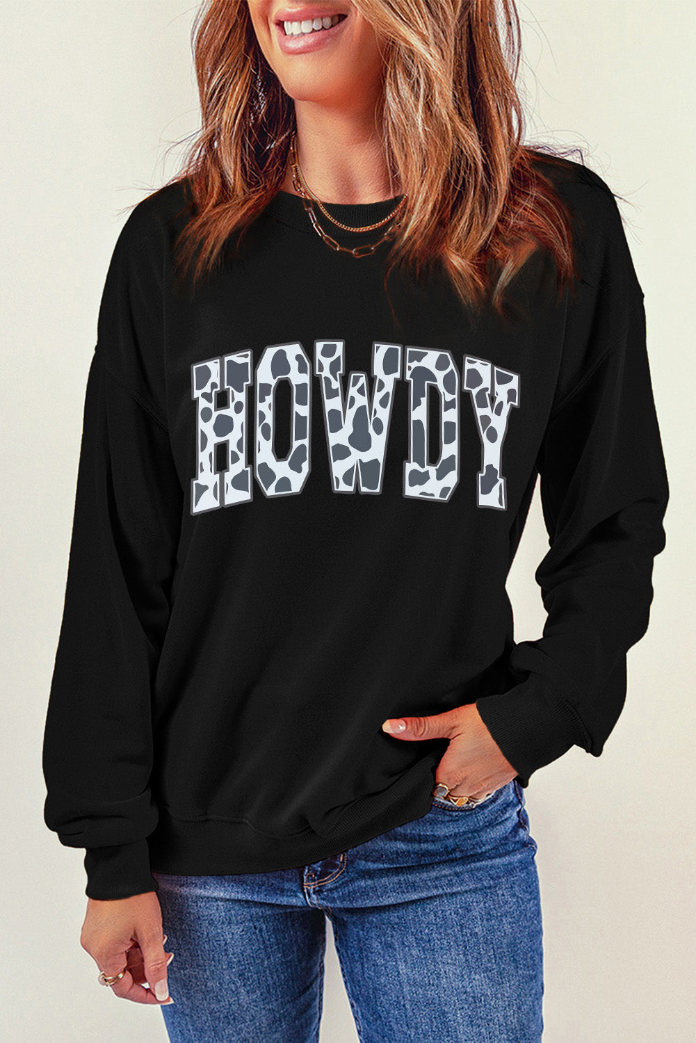 Round Neck Long Sleeve Howdy Graphic Sweatshirt Black