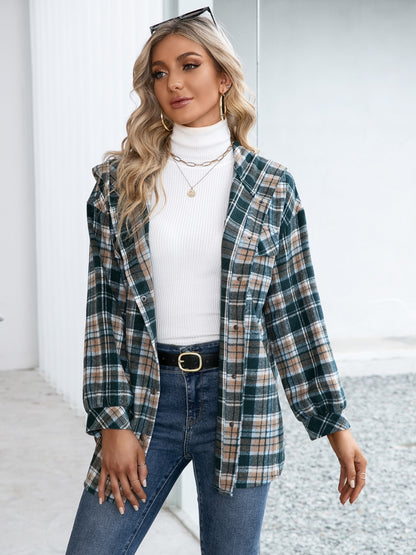 Ivy Lane Plaid Snap Down Hooded Jacket Deep Teal