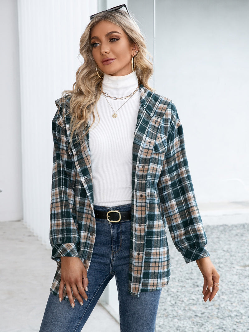 Ivy Lane Plaid Snap Down Hooded Jacket Deep Teal