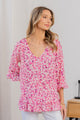 Sew In Love Full Size Floral V-Neck Flounce Sleeve Top Pink Coral