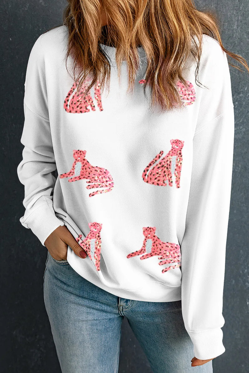 Leopard Round Neck Long Sleeve Sweatshirt