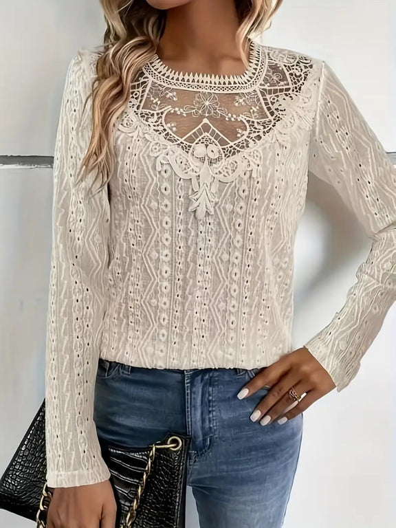 Lace Eyelet Long Sleeve Top Tan