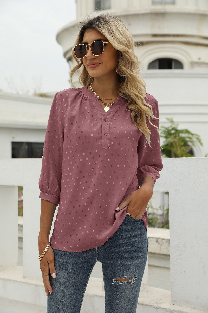 Swiss Dot Notched Neck Three-Quarter Sleeve Blouse Moonlit Mauve