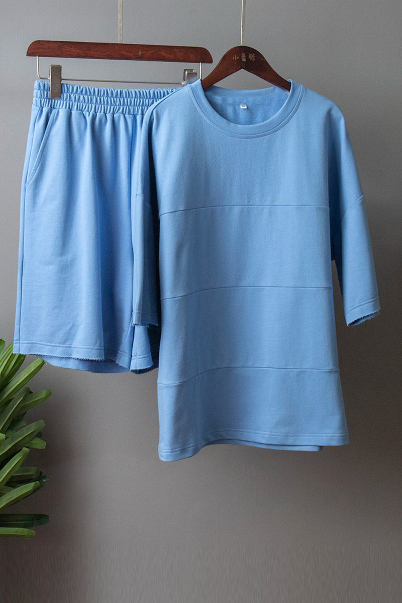 Round Neck Long Sleeve Top and Shorts Set Pastel Blue