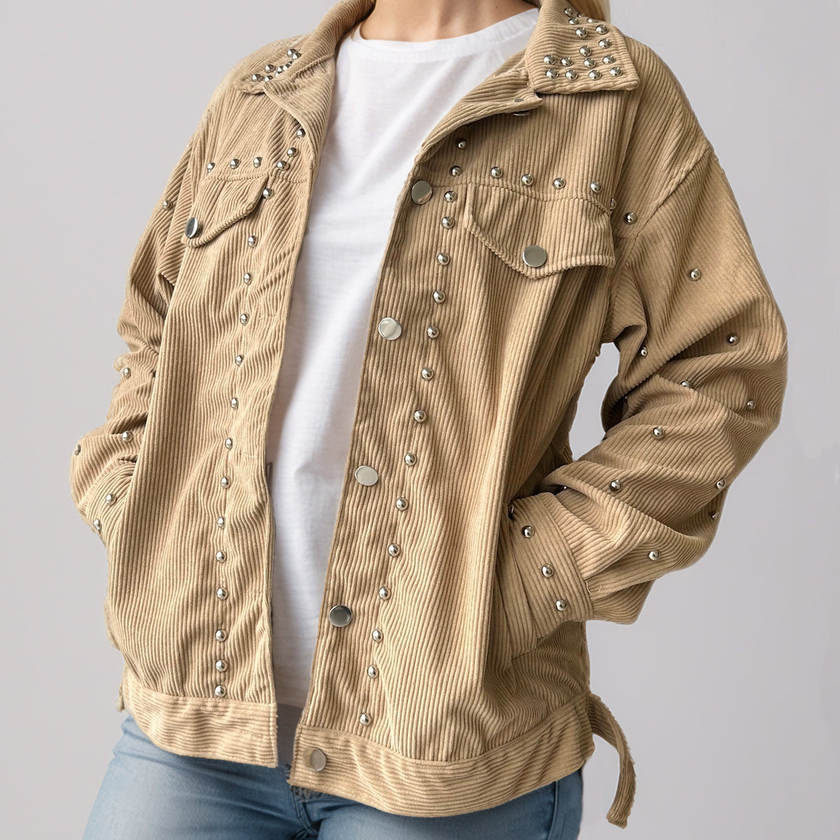 Studded Collared Neck Button Up Jacket