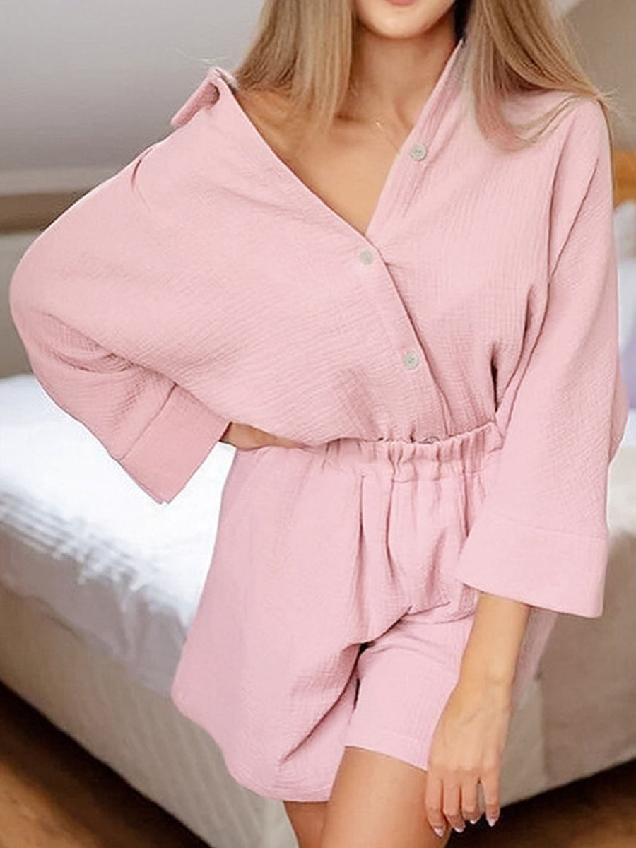 Texture Button Up Shirt and Shorts Set Blush Pink