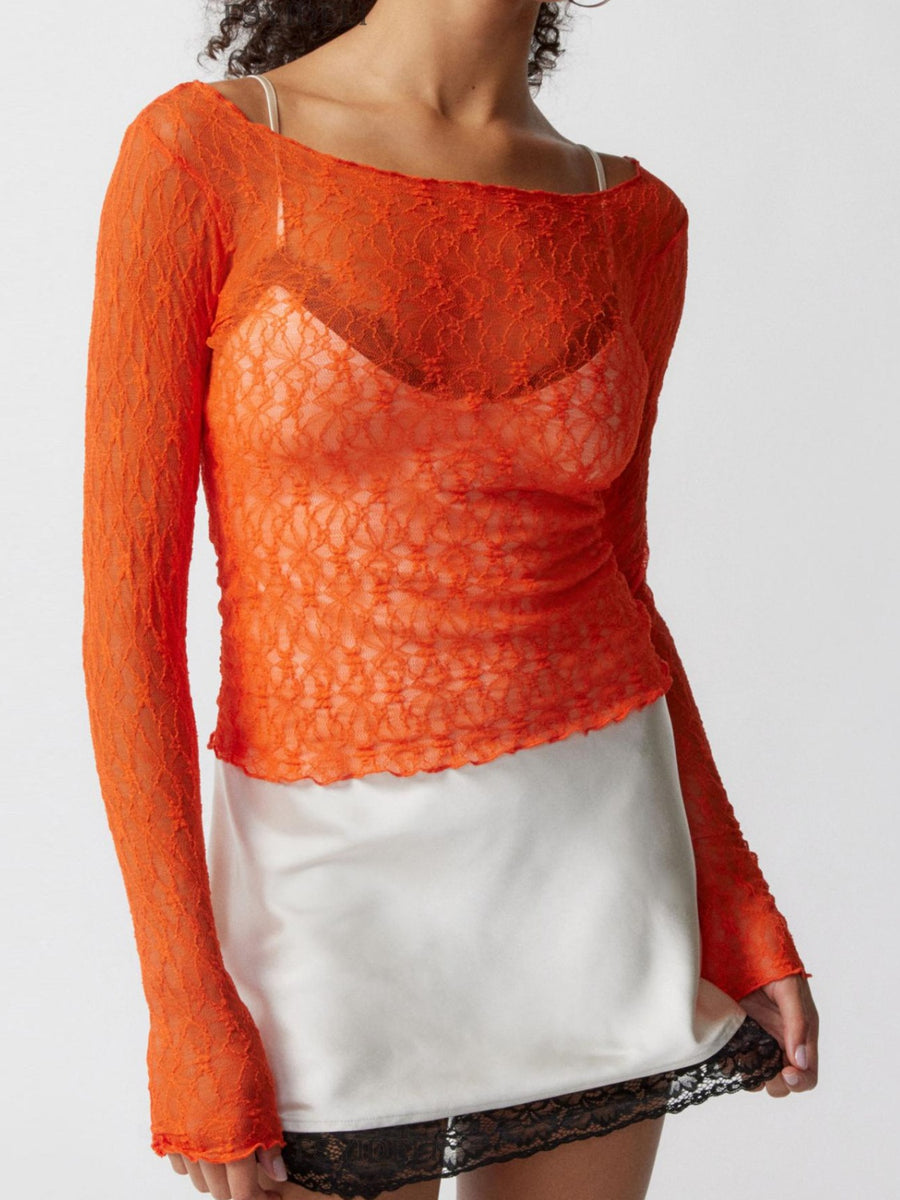 Lace Boat Neck Long Sleeve Blouse Orange