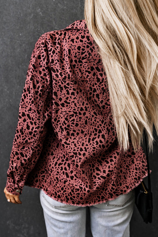 Leopard Raw Hem Button Up Denim Jacket