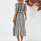 Striped Tie Belt Round Neck Puff Sleeve Dress