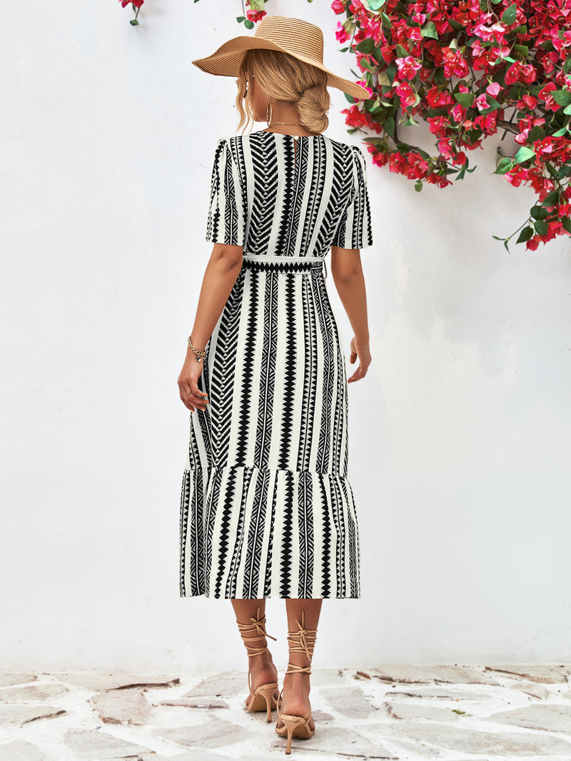 Striped Tie Belt Round Neck Puff Sleeve Dress