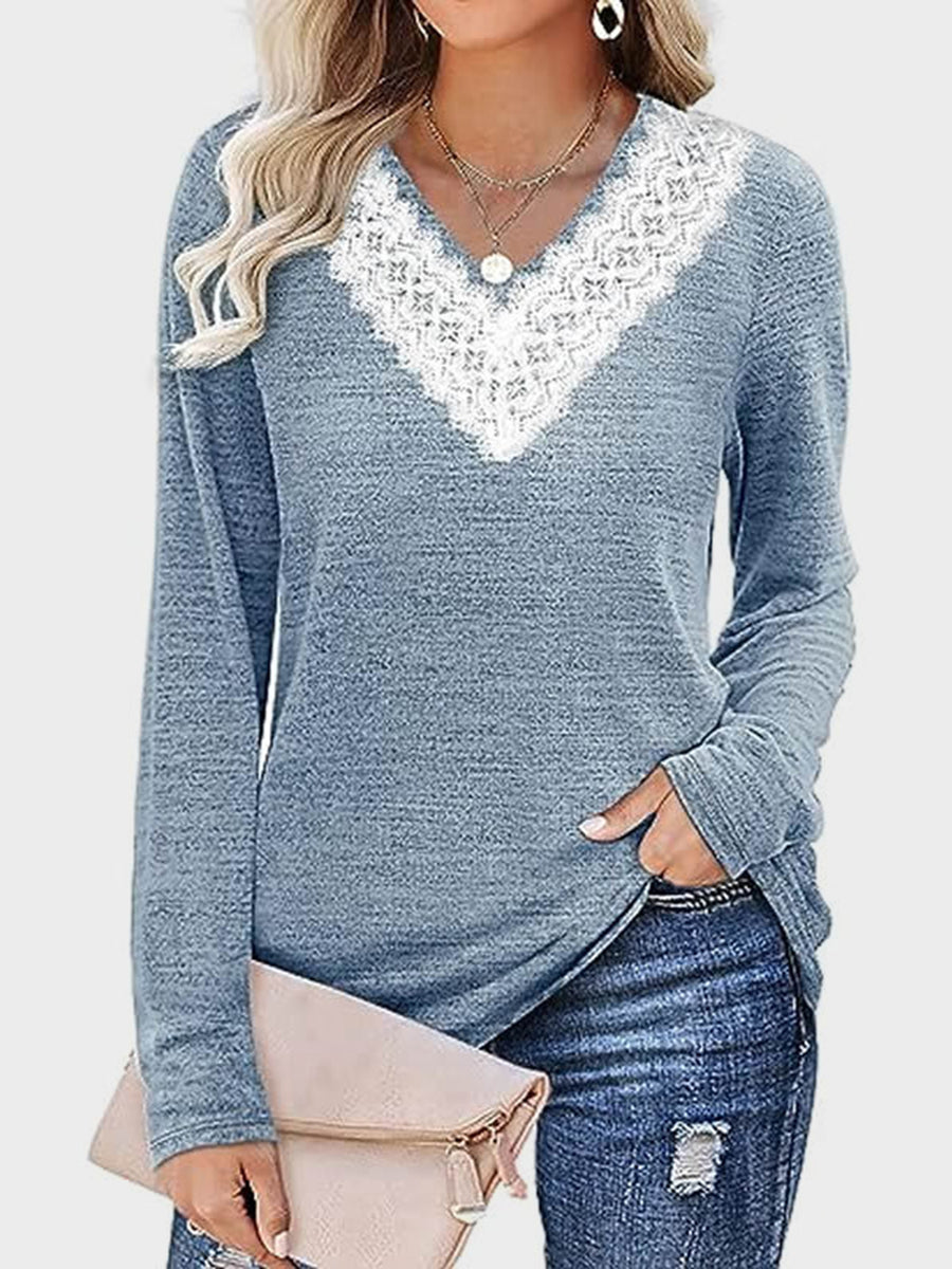 Lace Detail V-Neck Long Sleeve T-Shirt Light Blue